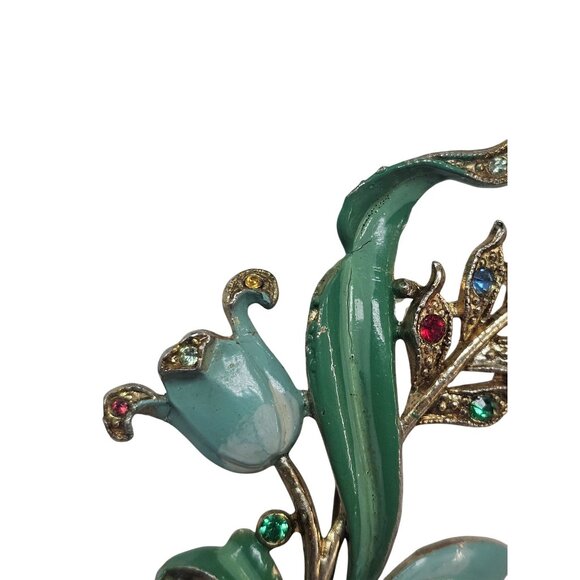 Vintage Enamel Tulip Brooch With Rhinestones Gold-Tone Floral Pin Green & Multic - Picture 4 of 16